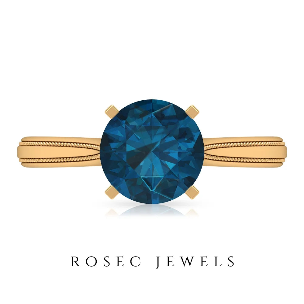 London Blue Topaz Ring with Surprise Diamond - 8 mm - 2 CT, 14K Yellow Gold, US 4.00 G72412