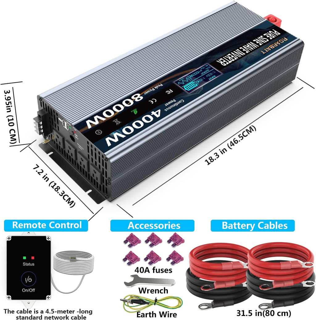 4000Watt 12V DC to AC 110V 120V Power Inverter with Remote Control 4 AC Outlets Dual USB Port R4547