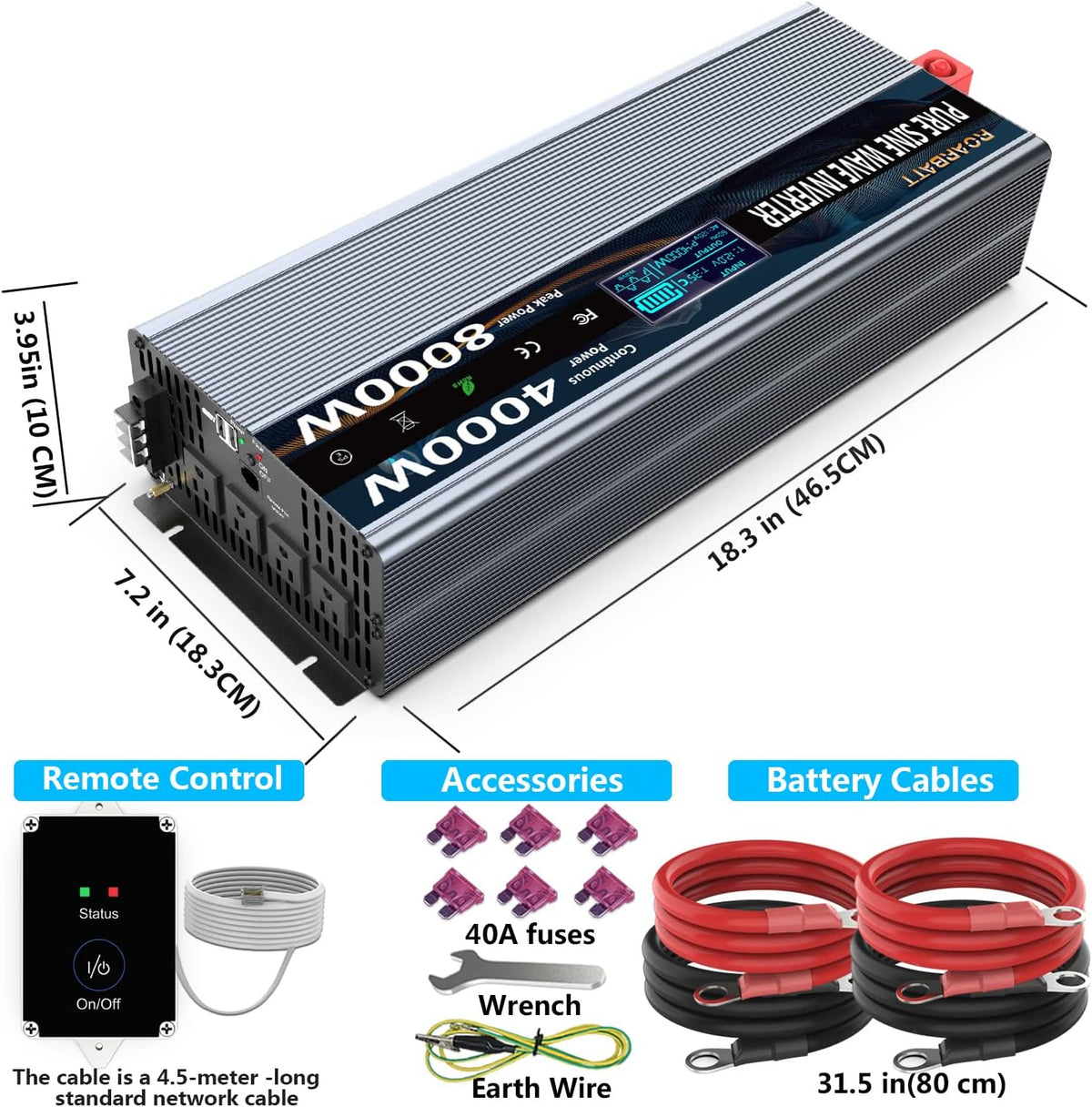 4000Watt 12V DC to AC 110V 120V Power Inverter with Remote Control 4 AC Outlets Dual USB Port R4547