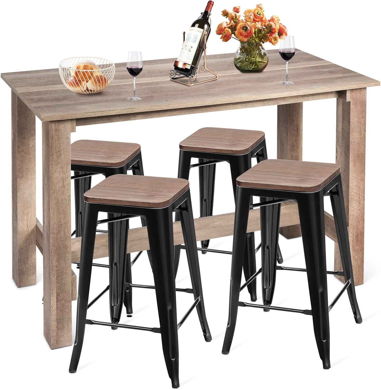 5 Pcs Industrial Counter Height Dining Table Set with 4 Metal Backless Barstools H85585