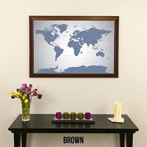 Blue Ice World Push Pin Travel Map with Brown Frame and Pins - 27.5 Inches x 39 C375390
