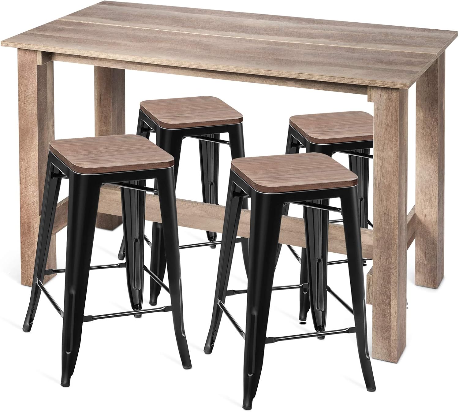 5 Pcs Industrial Counter Height Dining Table Set with 4 Metal Backless Barstools H85585