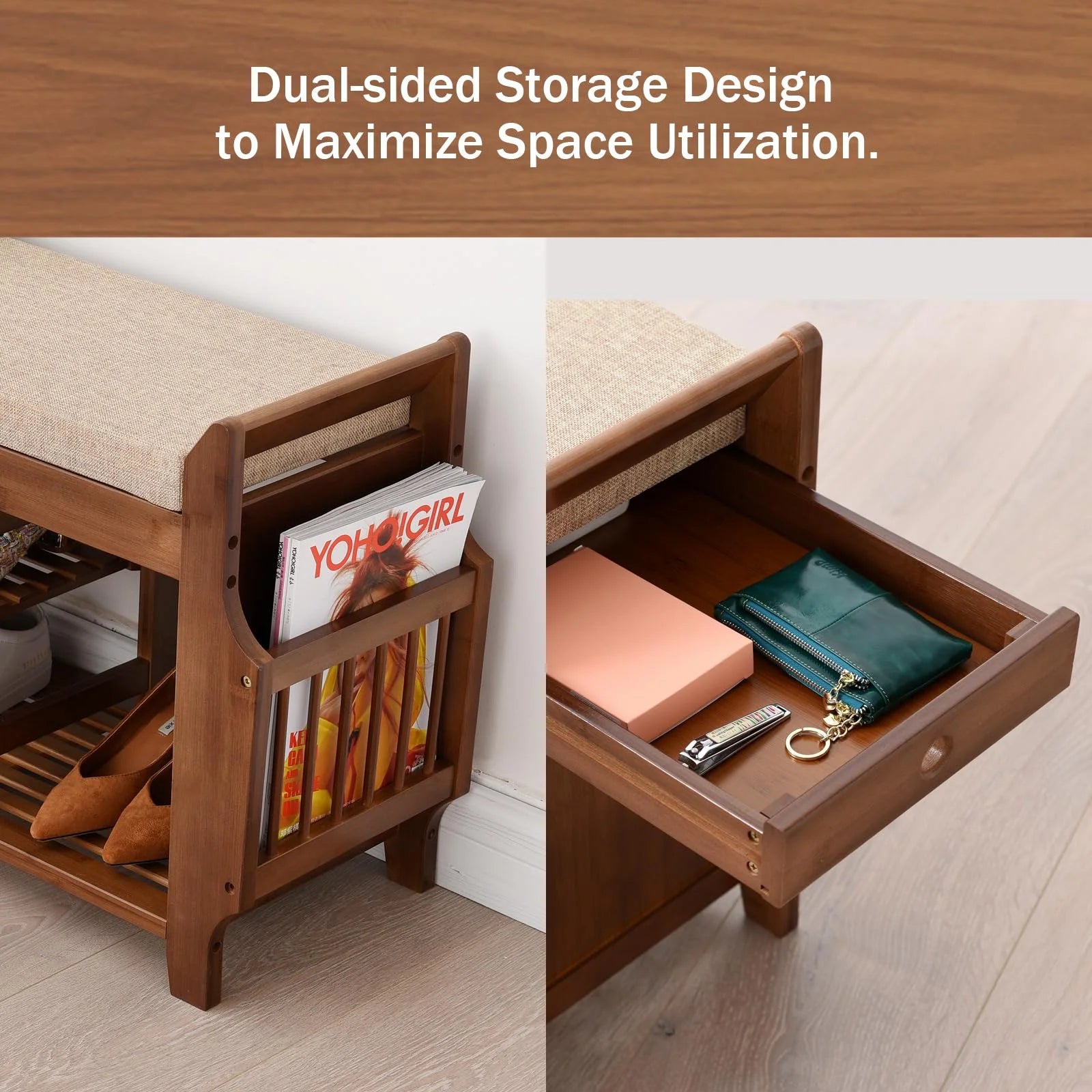 Shoe Storage Bench with Storage Basket and Side Drawer Y8225