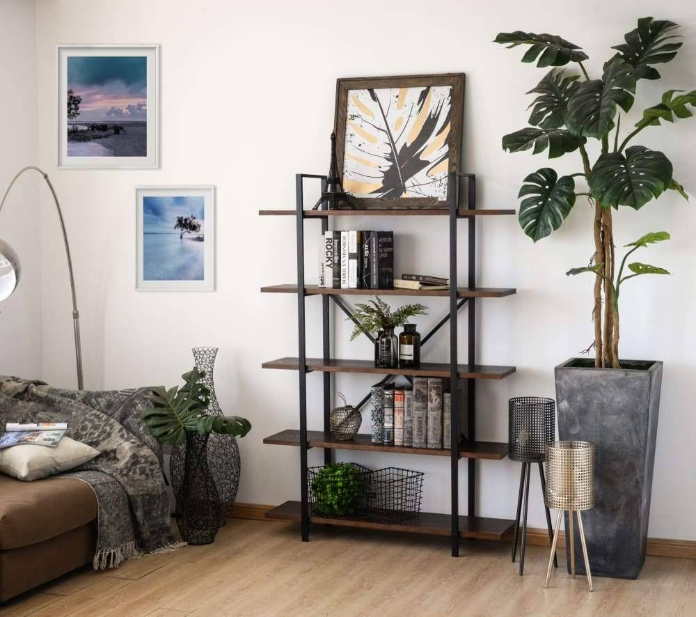 Walnut 5-Shelf Bookcase Brown Metal Z158469