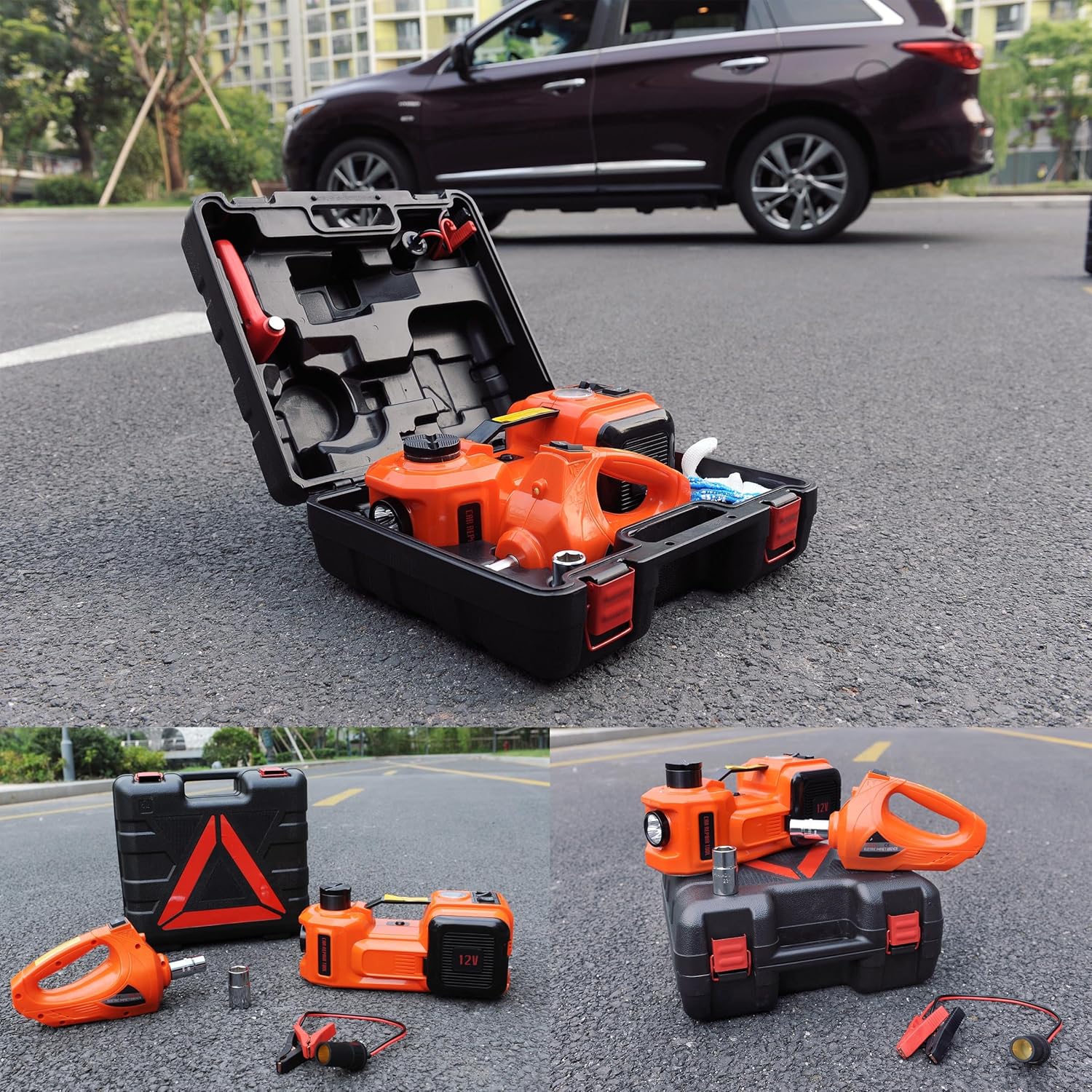 12V DC Electric Hydraulic Floor Jack and Tire Inflator Pump and LED Flashlight 3 in 1 Set with Electric Impact Wrench Car Repair Tool Kit L674801