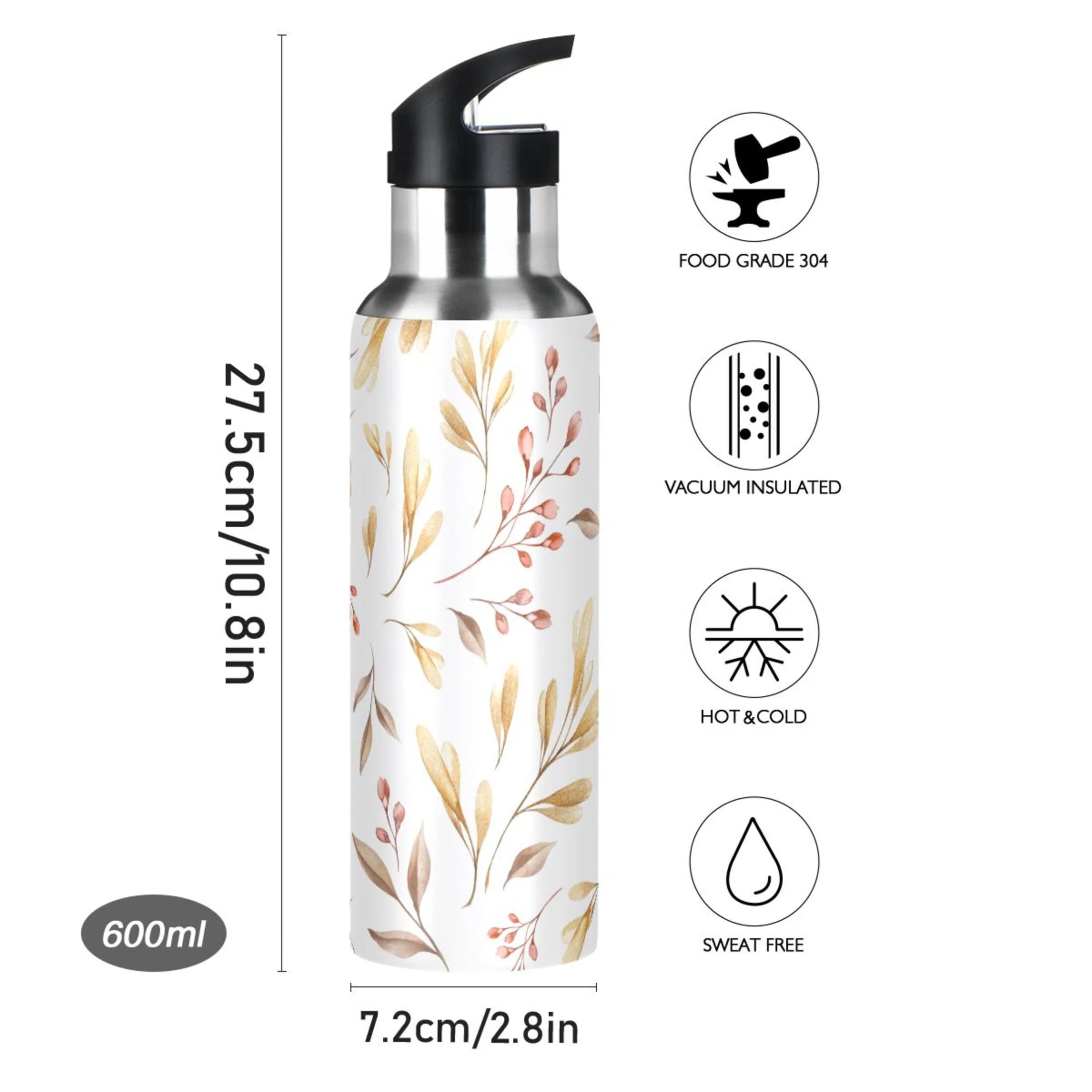Yellow Leaves Stainless Steel Insulated Water Bottle with Straw Lid G55574