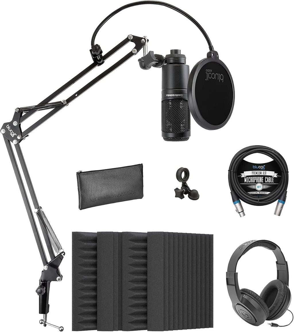 Cardioid Condenser Microphone Bundle with 12 Acoustic Foam Isolation Panel Wedges, 10' XLR Cable, Boom Arm, Pop Filter, and Headphones L70170