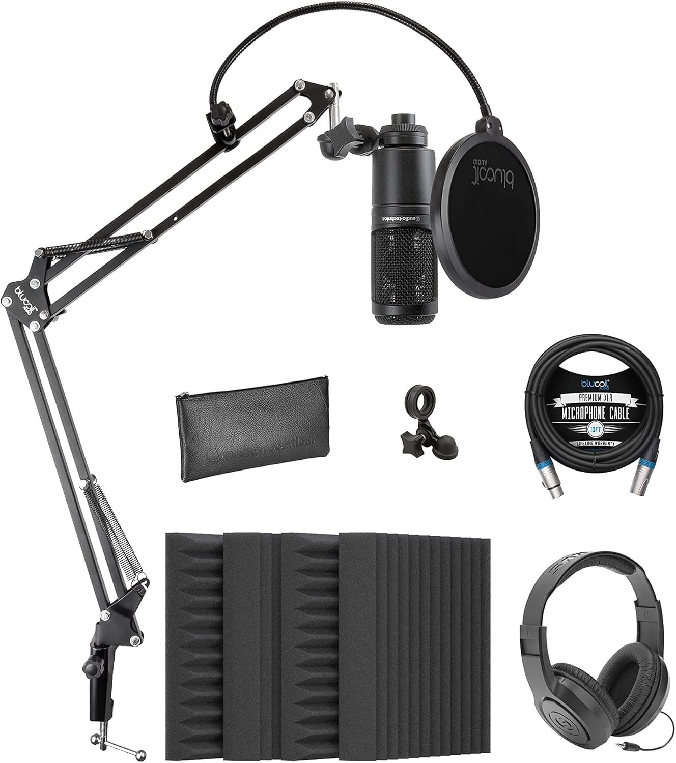 Cardioid Condenser Microphone Bundle with 12 Acoustic Foam Isolation Panel Wedges, 10' XLR Cable, Boom Arm, Pop Filter, and Headphones L70170