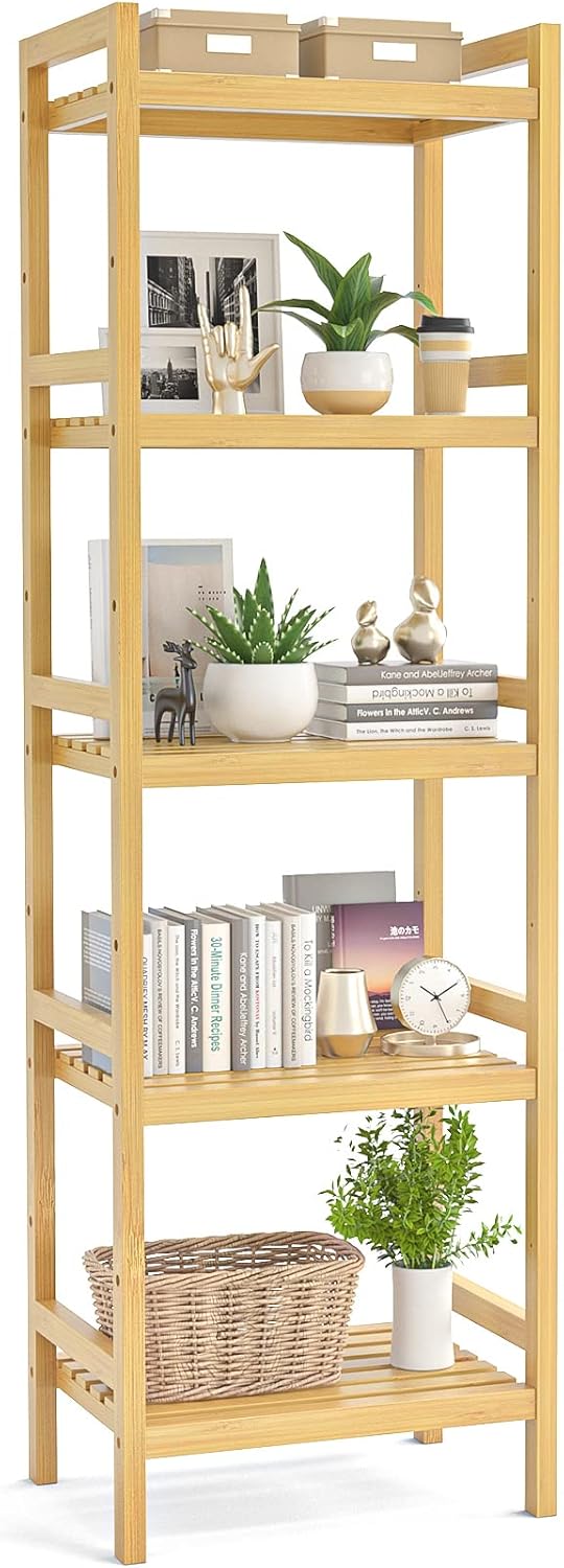White 5-Tier Narrow Bamboo Bookshelf W2669