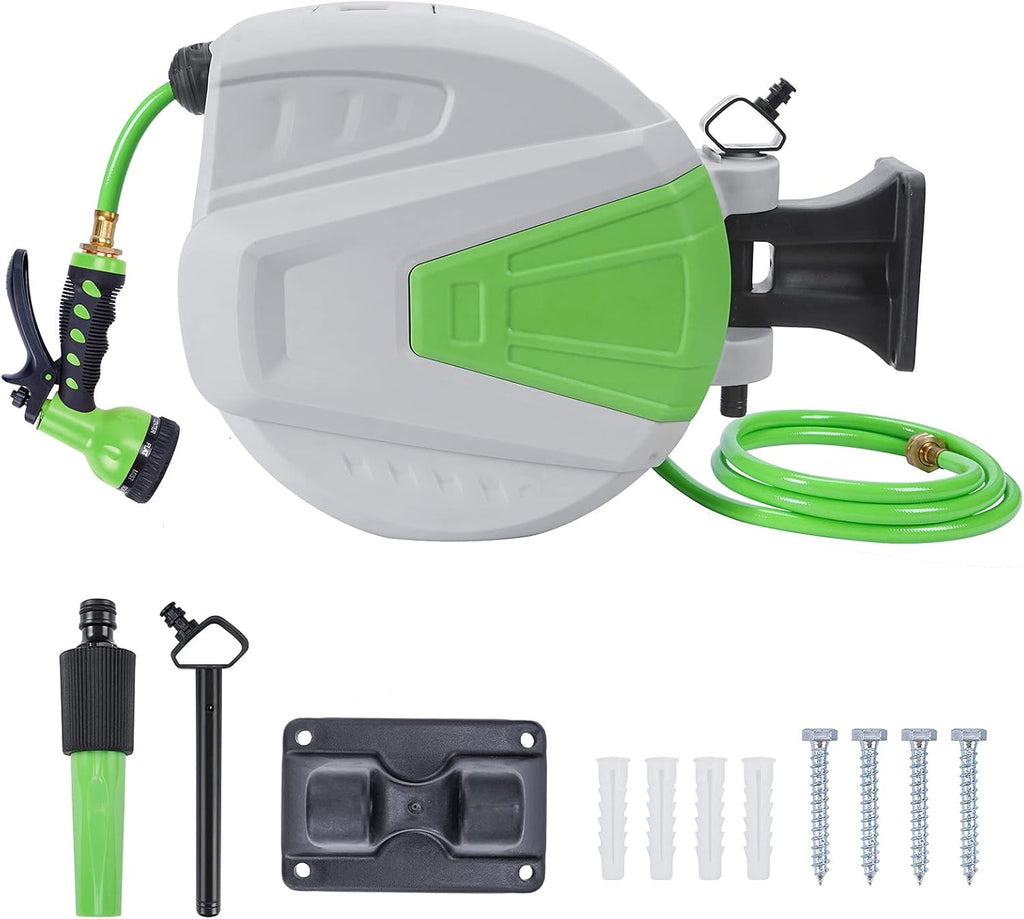 White Wall Mounted Retractable Garden Hose Reel with 9-Function Sprayer Nozzle N111456