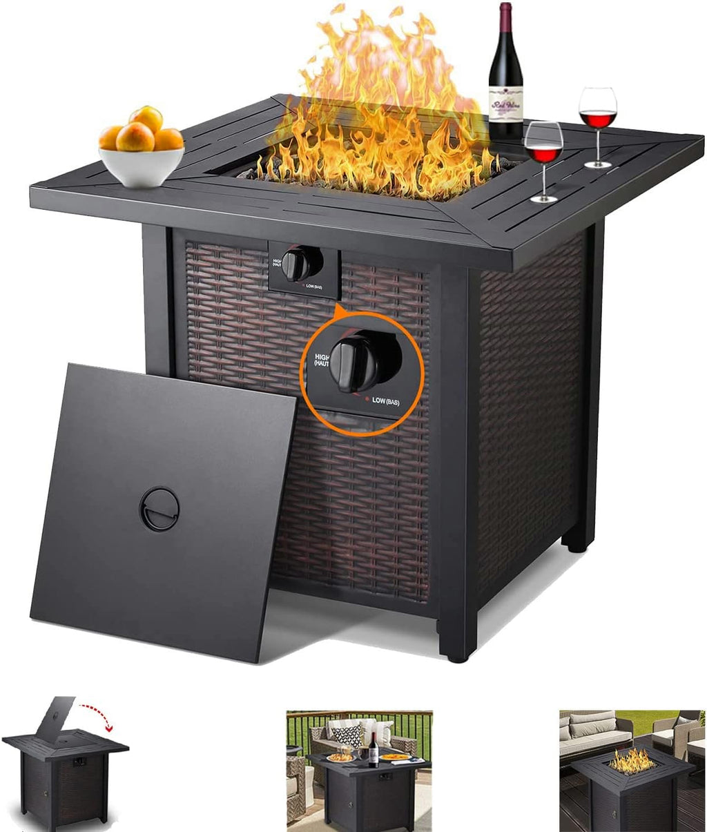 28 Inch 50,000 BTU Square Propane Fire Pit Table with Lid and Lava Stone N114