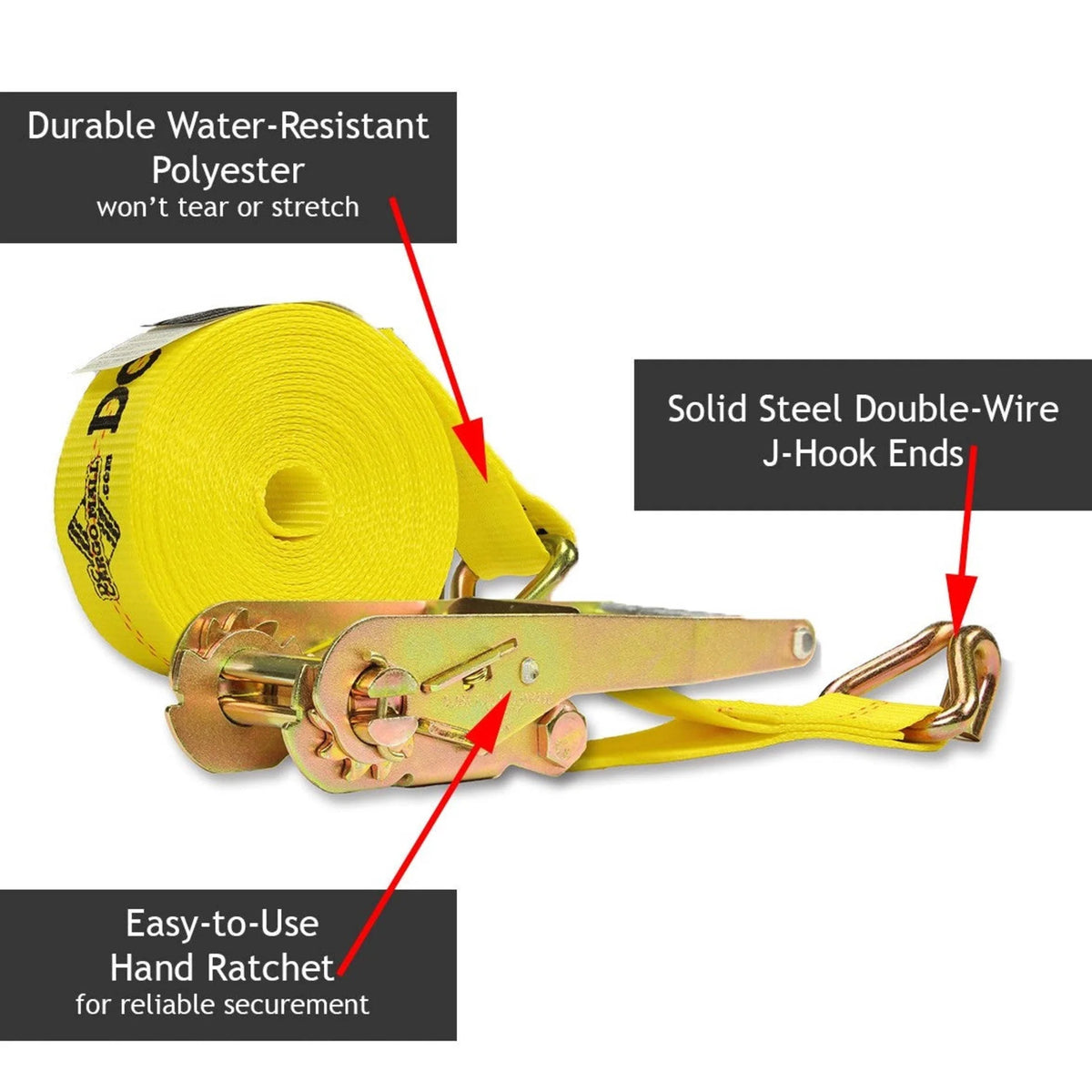 2 Heavy Duty Ratchet Straps with J Hooks, 2" x 27' Tie-Down Cargo Truck Straps V54572