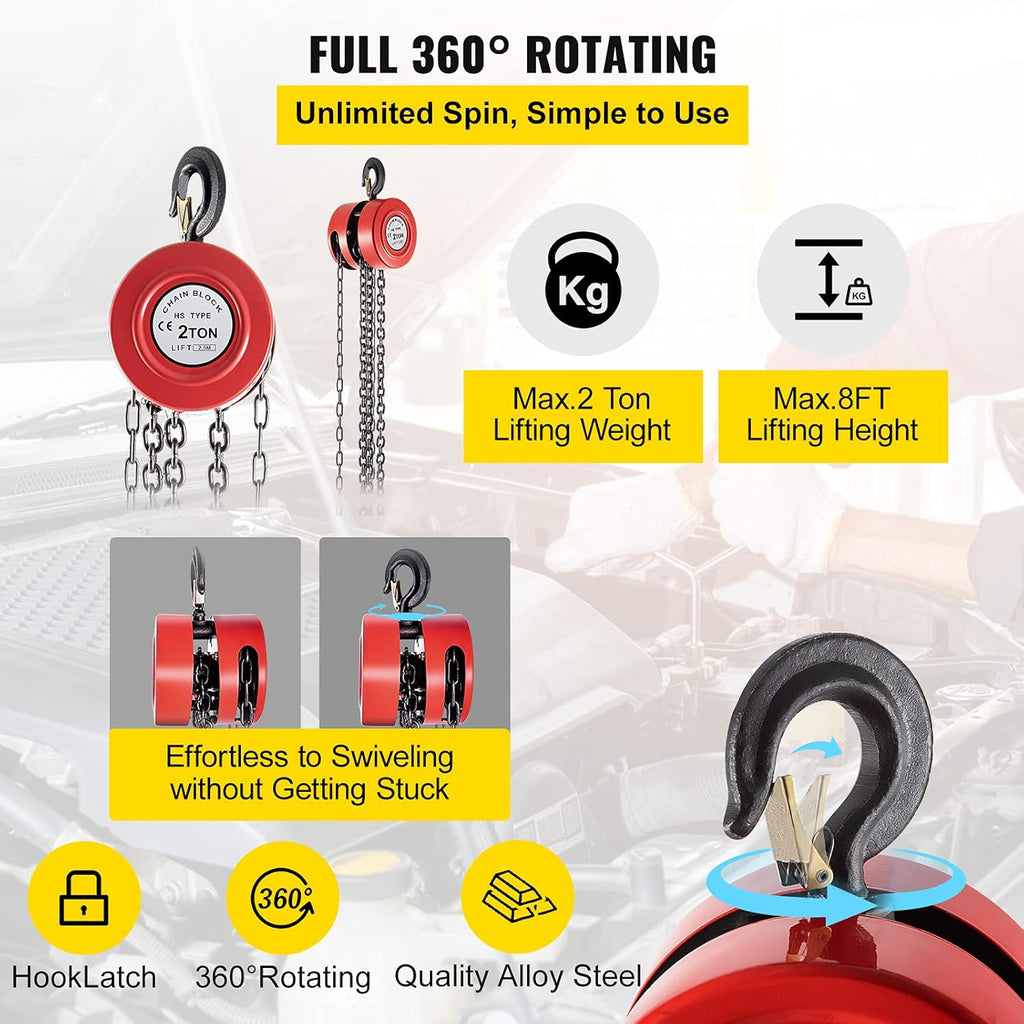 Red Pack of 2 Manual Hand Chain Hoist, 2 Ton Capacity, 8ft Lift F794020