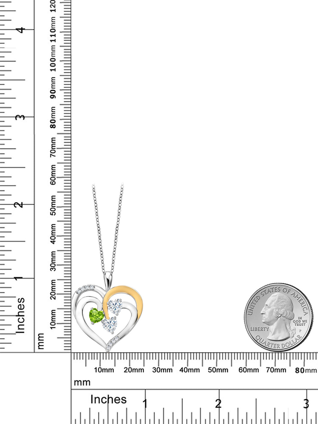 925 Two-Tone Sterling Silver Peridot and Moissanite Pendant Necklace, 1.34 Cttw, Heart Shape, 18 inch Chain C955230
