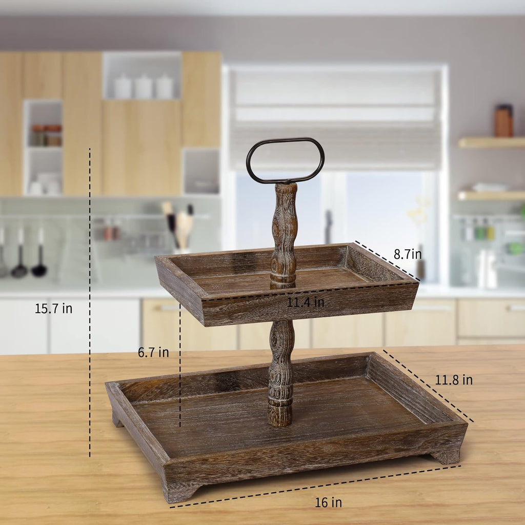 Square Wooden 2 Tier Serving Tray Stand K363806