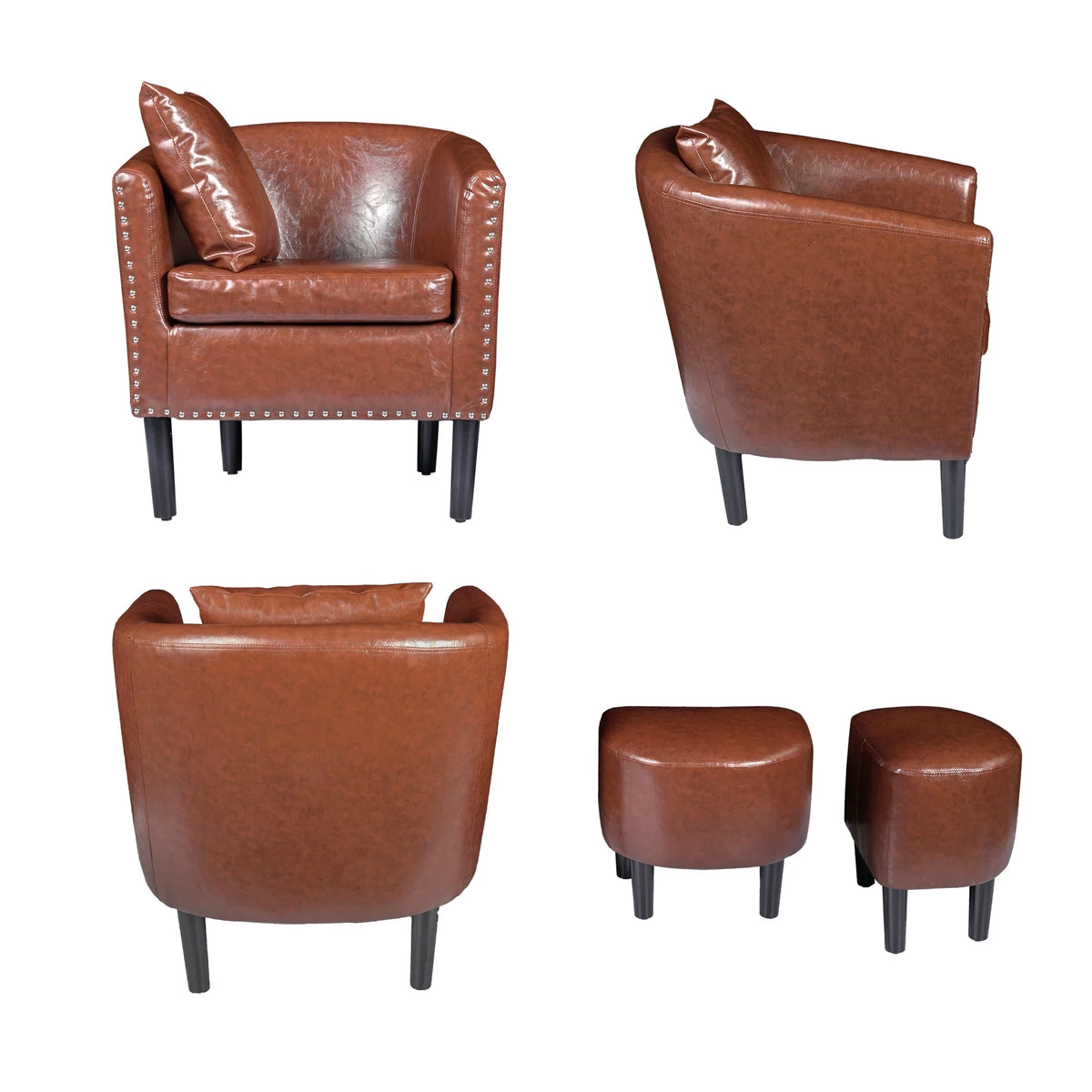 Brown Faux Leather Club Chair with Ottoman and 1 Pillow T417577
