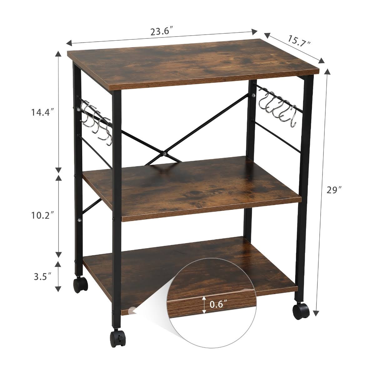 3-Tier Wood Kitchen Cart with Storage Space on Wheels D332945