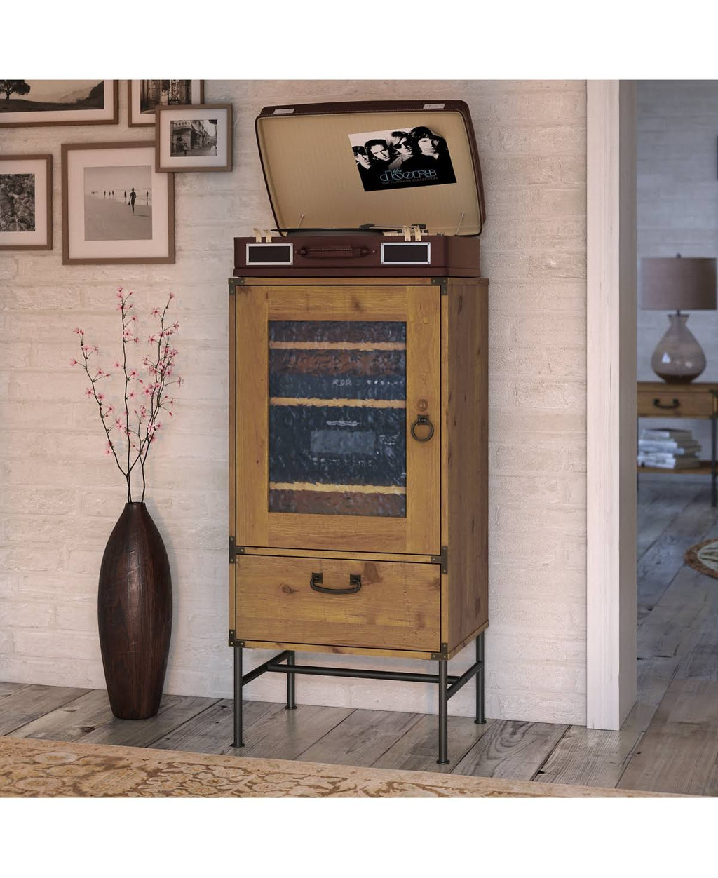 Vintage Golden Pine Audio Storage Cabinet Q93877