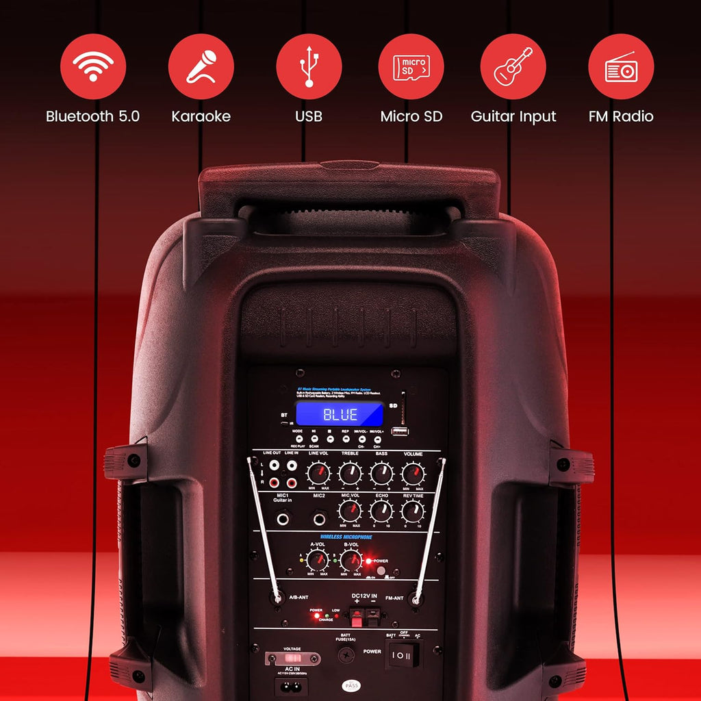 15" Bluetooth PA Speaker with 2 UHF Wireless Microphones, Black J7763