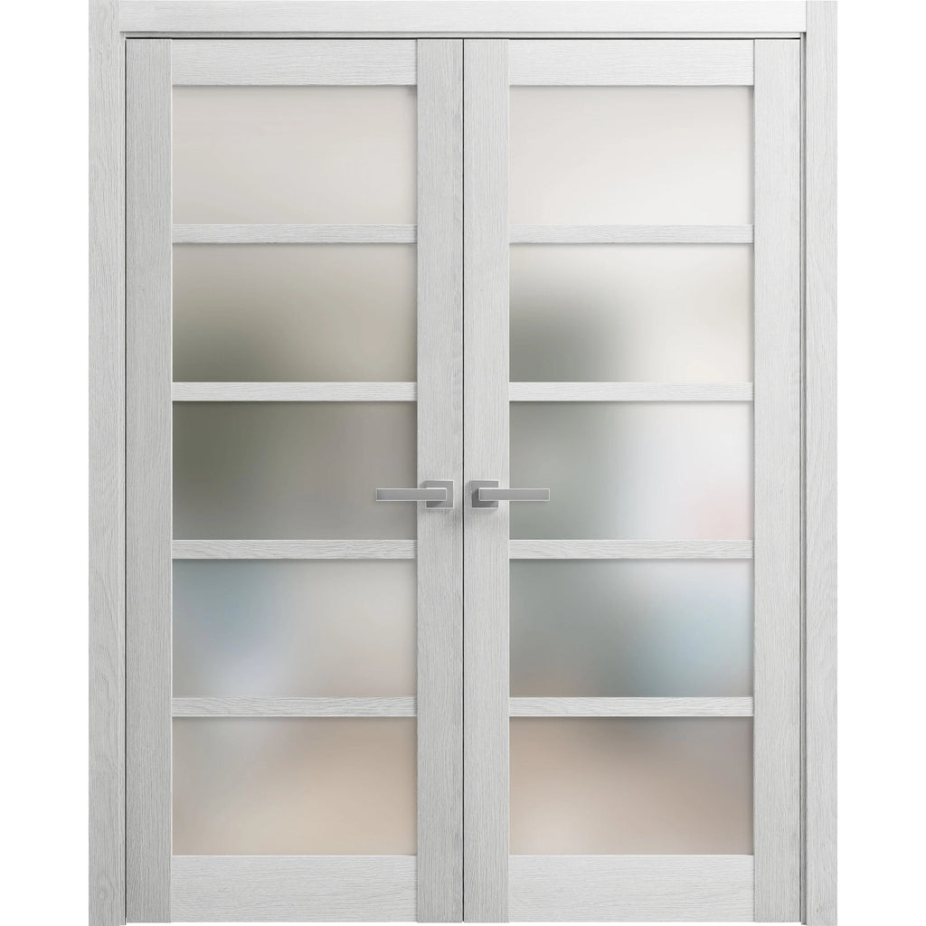Solid French Double Doors 36 x 80 inches Light Grey Oak with Frosted Glass Wood Solid Panel Frame Trims I84213