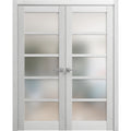 Solid French Double Doors 36 x 80 inches Light Grey Oak with Frosted Glass Wood Solid Panel Frame Trims I84213