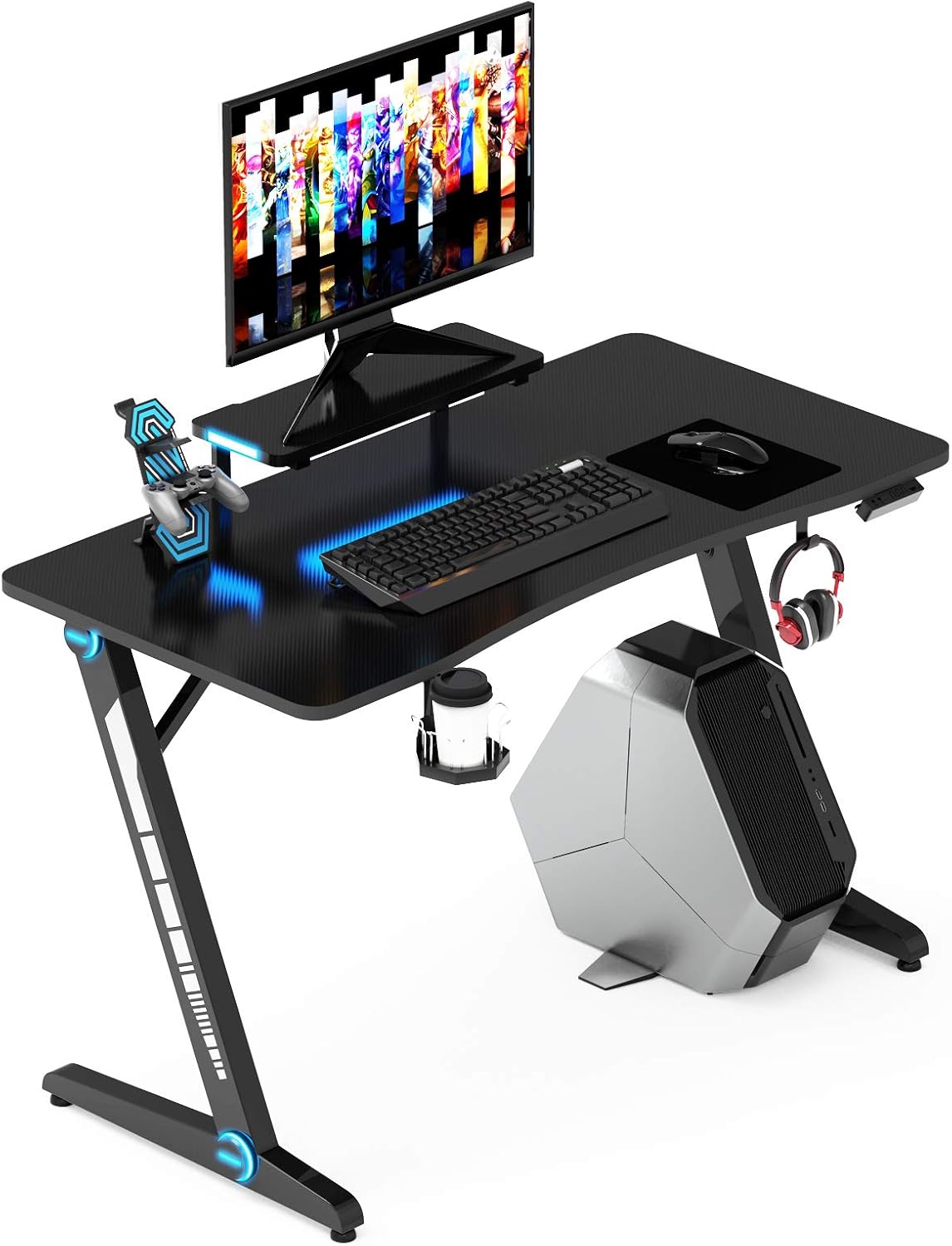 Z-Shaped Gaming Desk with Monitor Stand & Carbon Fiber Surface A989528