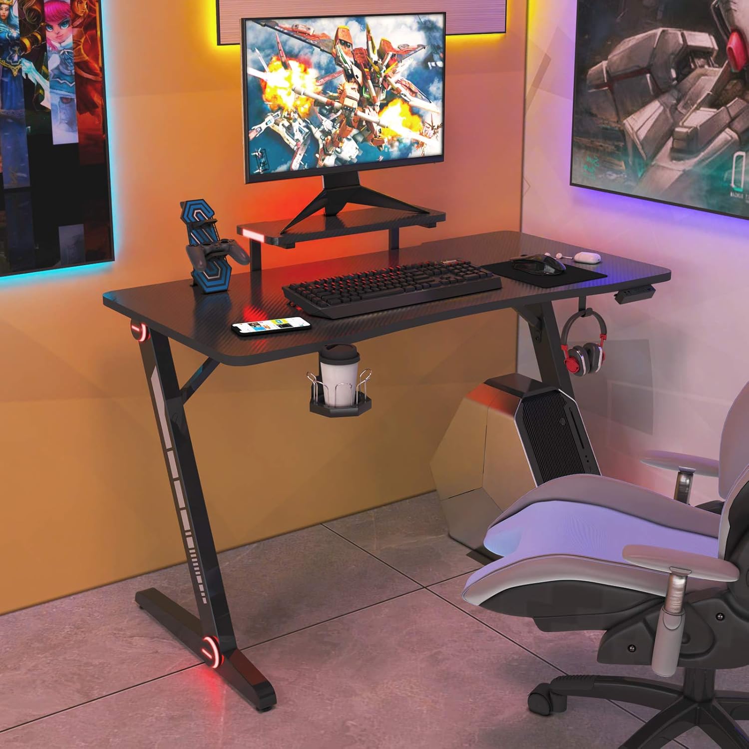 Z-Shaped Gaming Desk with Monitor Stand & Carbon Fiber Surface A989528