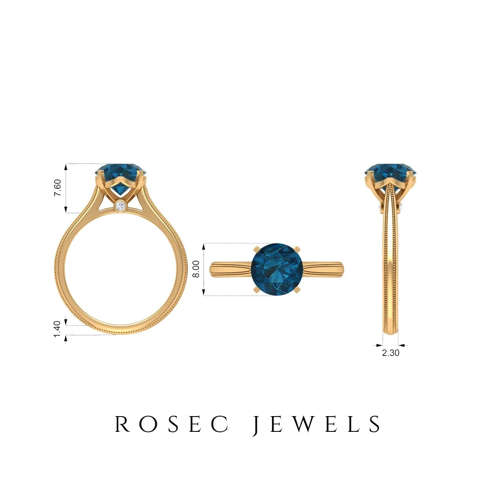 London Blue Topaz Ring with Surprise Diamond - 8 mm - 2 CT, 14K Yellow Gold, US 4.00 G72412
