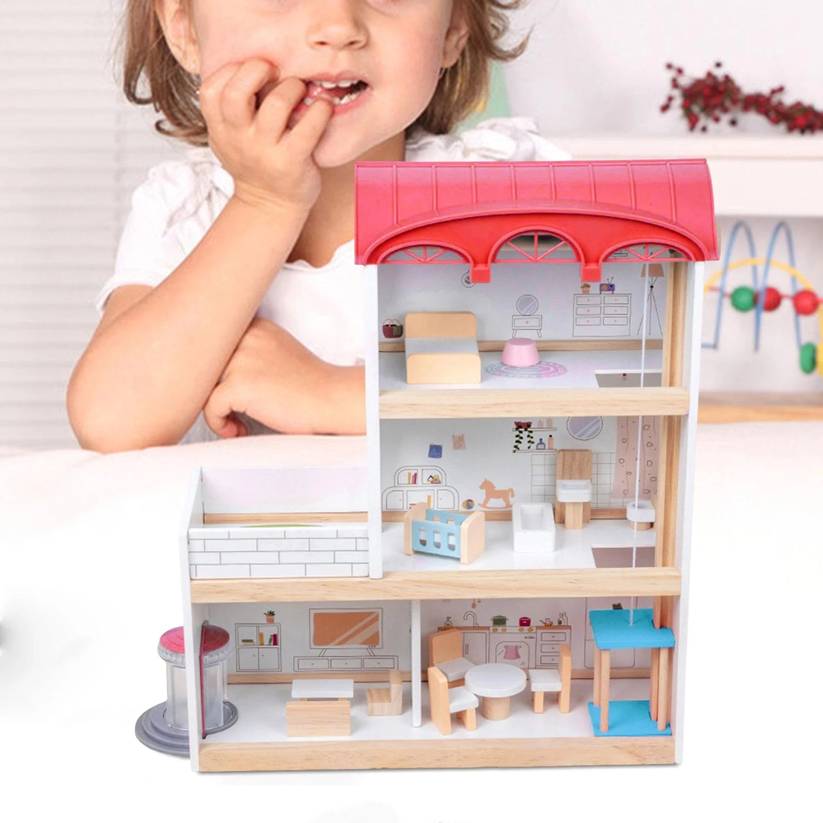 Red Wooden Dollhouse with Revolving Doors N995975