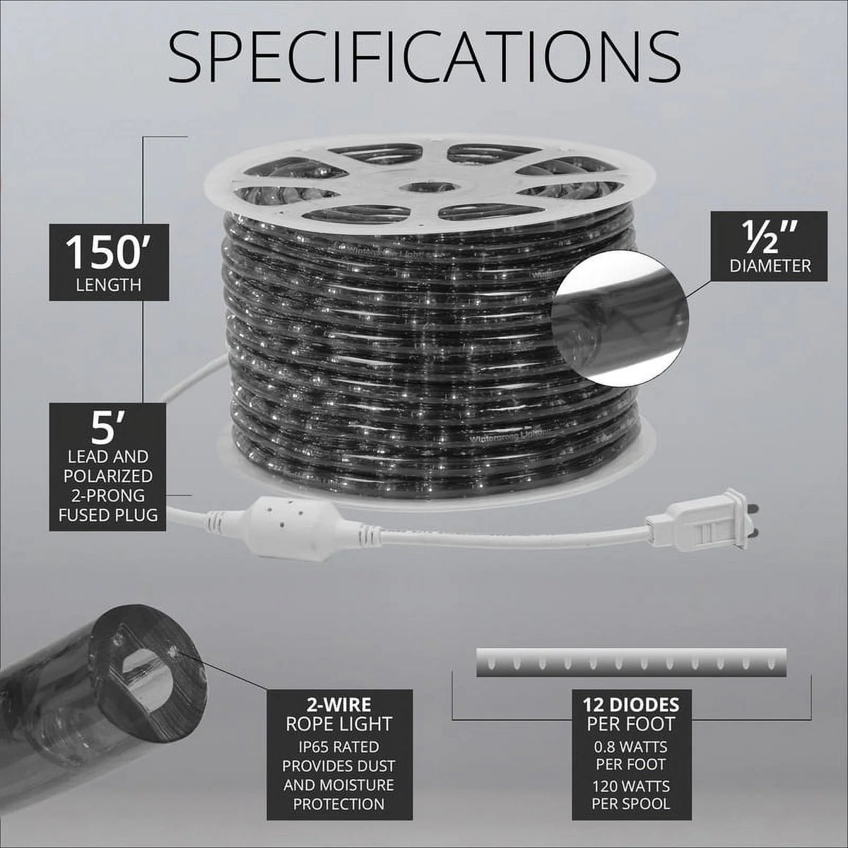 150 ft. Warm White LED Rope Light, 120V, 1/2 Inch, 2-Wire T428