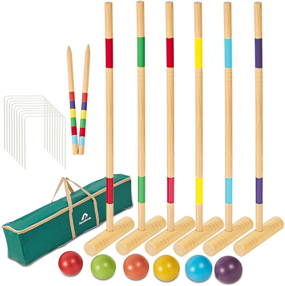 35In Six Players Croquet Set with Pine Wooden Mallets, Colored Ball, Wickets, Stakes, Large Carry Bag D77328