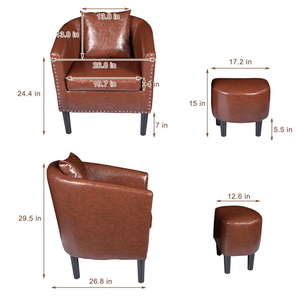 Brown Faux Leather Club Chair with Ottoman and 1 Pillow T417577