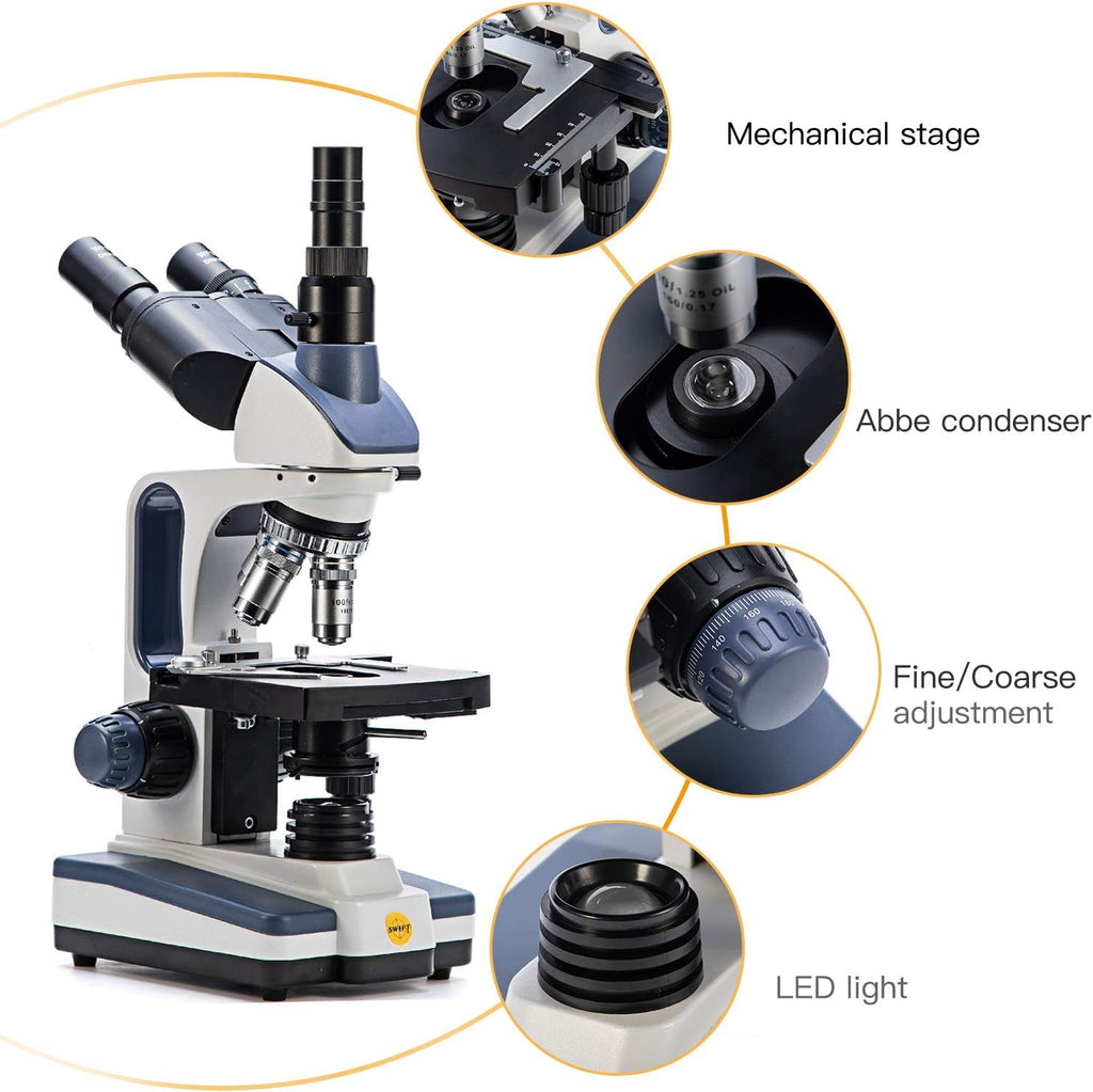 Trinocular Compound Microscope, 40X-2500X Magnification, Two-Layer Mechanical Stage M96650