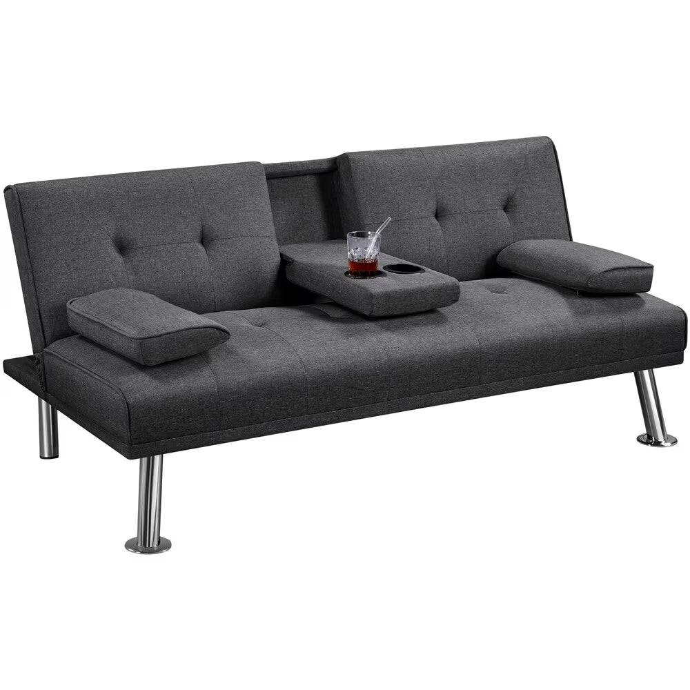Dark Gray Tufted Fabric Convertible Futon Sofa Bed L14435