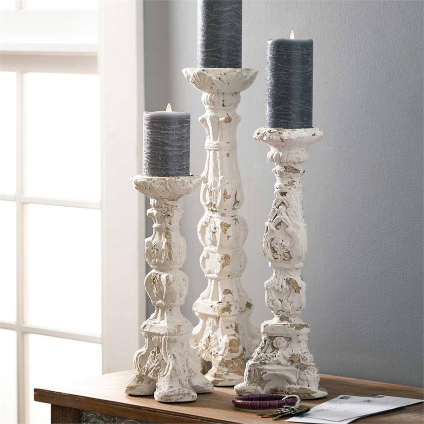Worn White Pillar Candlesticks, Set of 3 C954