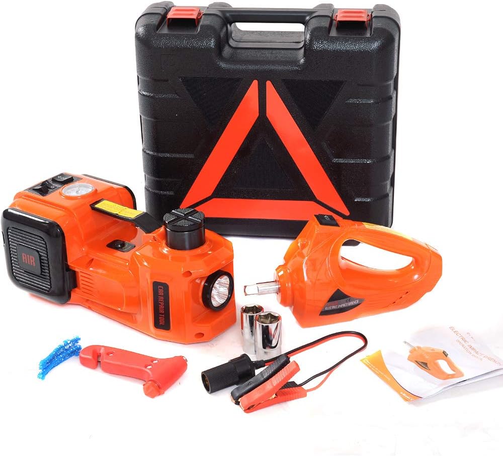 12V DC Electric Hydraulic Floor Jack and Tire Inflator Pump and LED Flashlight 3 in 1 Set with Electric Impact Wrench Car Repair Tool Kit L674801