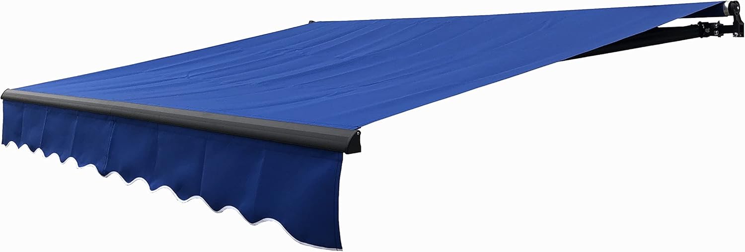 Retractable 16x10 Feet Motorized Black Frame Patio Awning, 100% Polyester Canopy, Blue/White Stripes T868