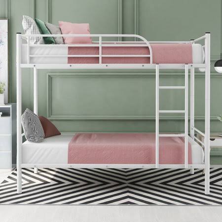 Twin Over Twin Metal Bunk Bed with Ladder and Guardrails W482