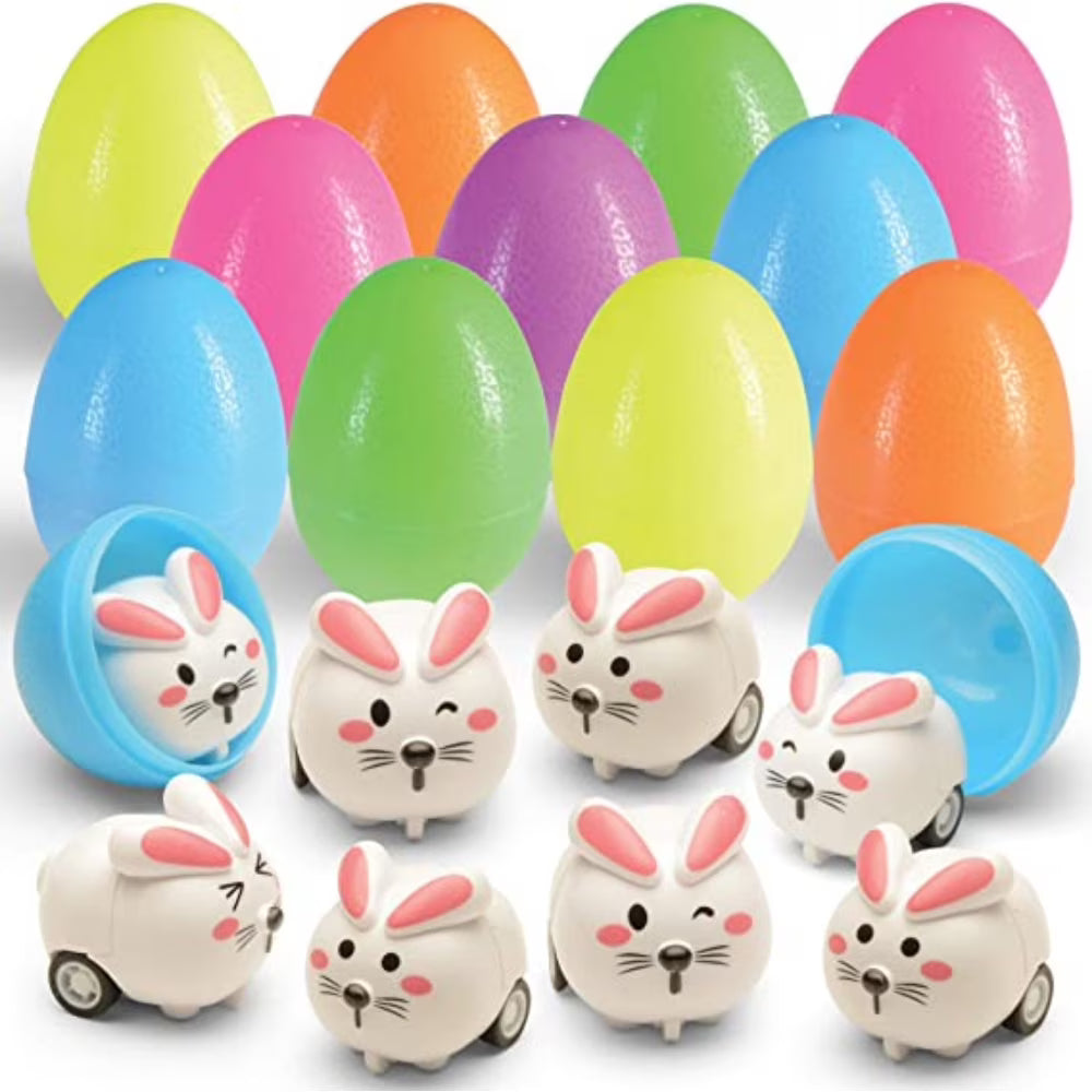 6 Toy Filled Easter Eggs with Mini Pull-n-Go Easter Bunnies D6820