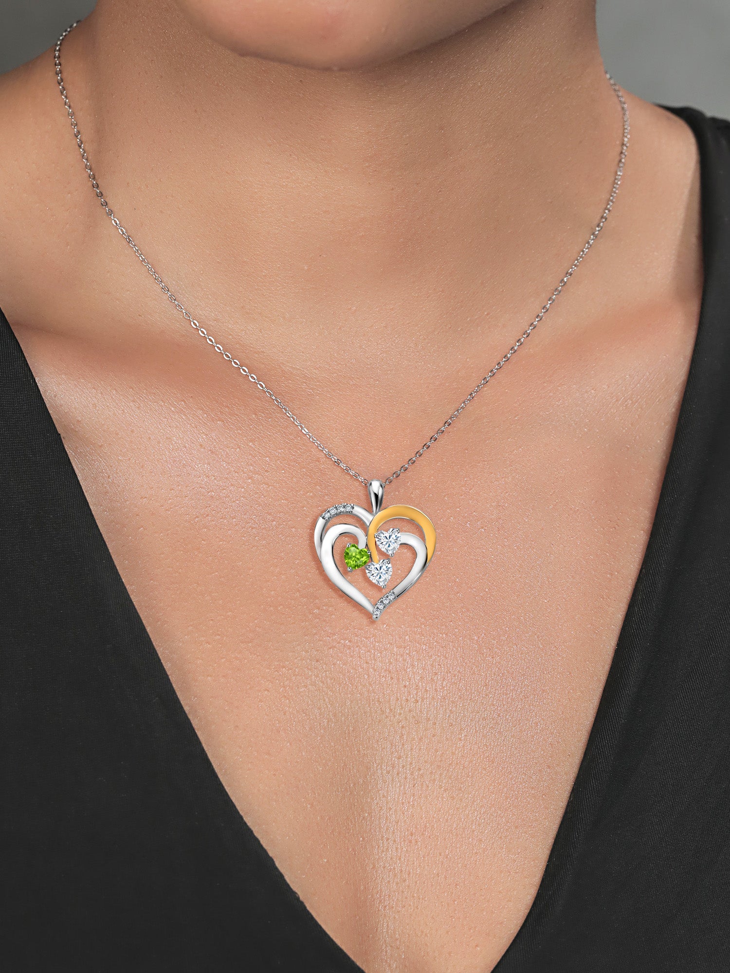 925 Two-Tone Sterling Silver Peridot and Moissanite Pendant Necklace, 1.34 Cttw, Heart Shape, 18 inch Chain C955230