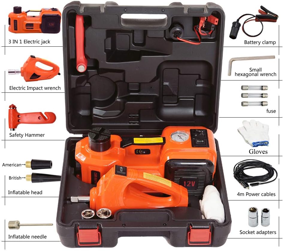 12V DC Electric Hydraulic Floor Jack and Tire Inflator Pump and LED Flashlight 3 in 1 Set with Electric Impact Wrench Car Repair Tool Kit L674801