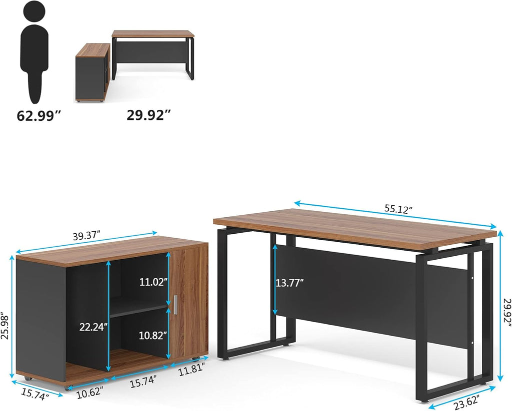 Dark Walnut Steel Gray L Shaped Desk with Storage Shelves and File Cabinet X432
