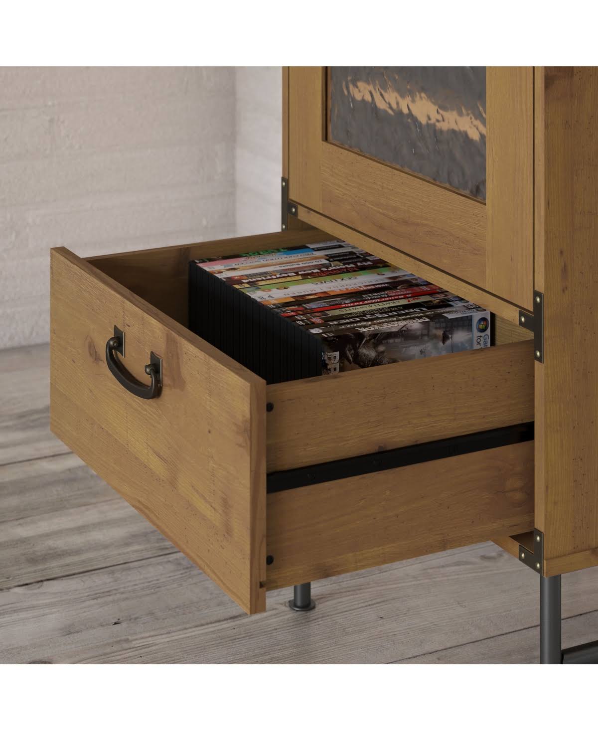 Vintage Golden Pine Audio Storage Cabinet Q93877