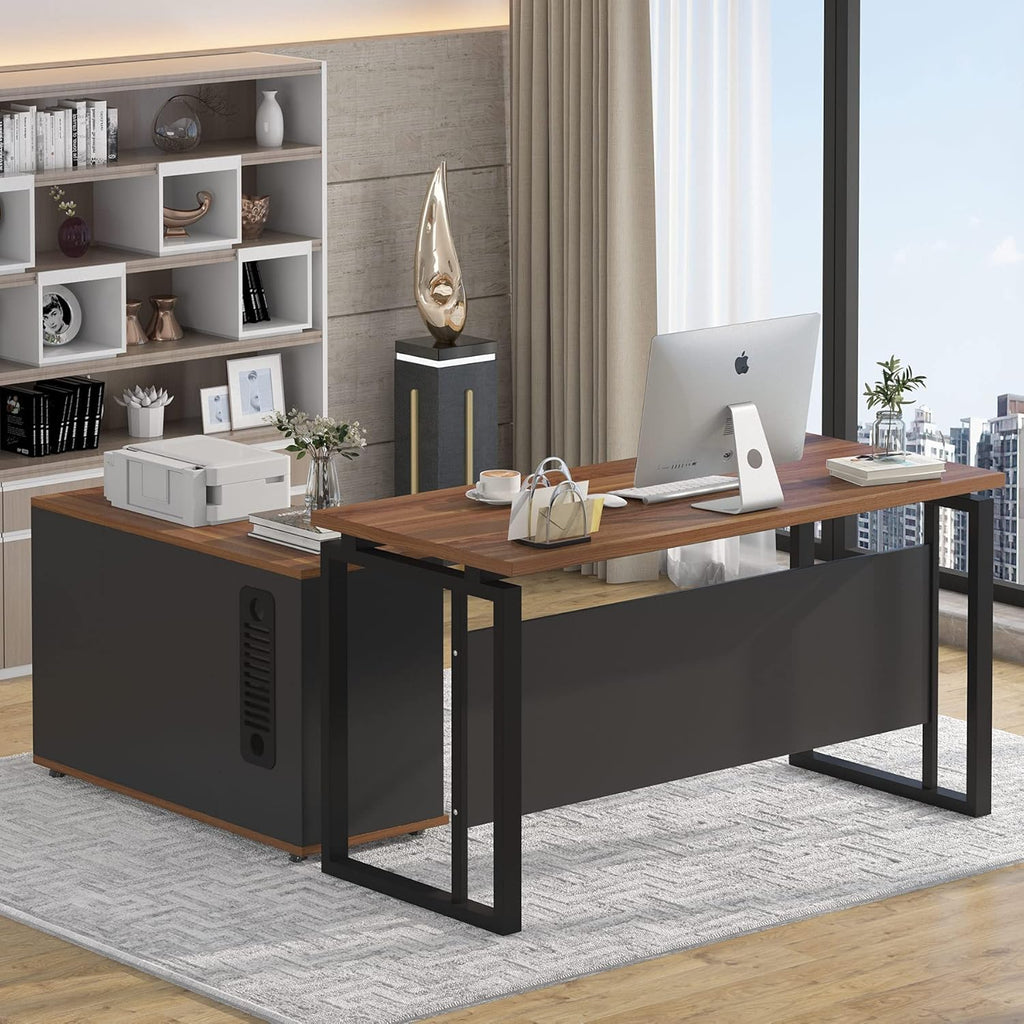 Dark Walnut Steel Gray L Shaped Desk with Storage Shelves and File Cabinet X432