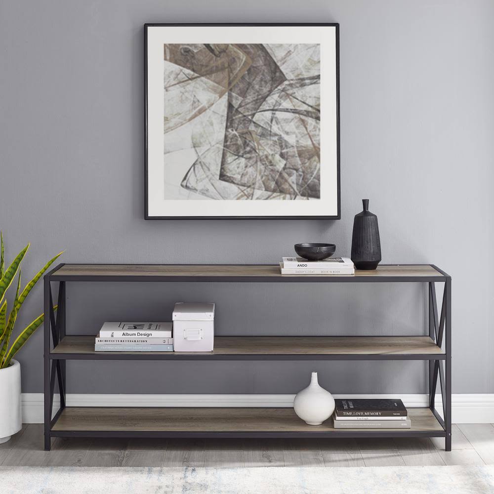 Grey Wash Metal and Wood Media Bookshelf O7267