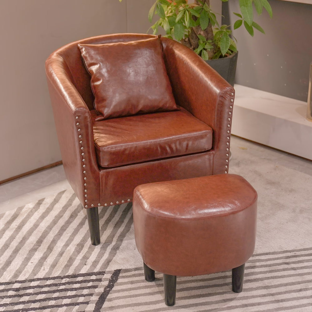 Brown Faux Leather Club Chair with Ottoman and 1 Pillow T417577