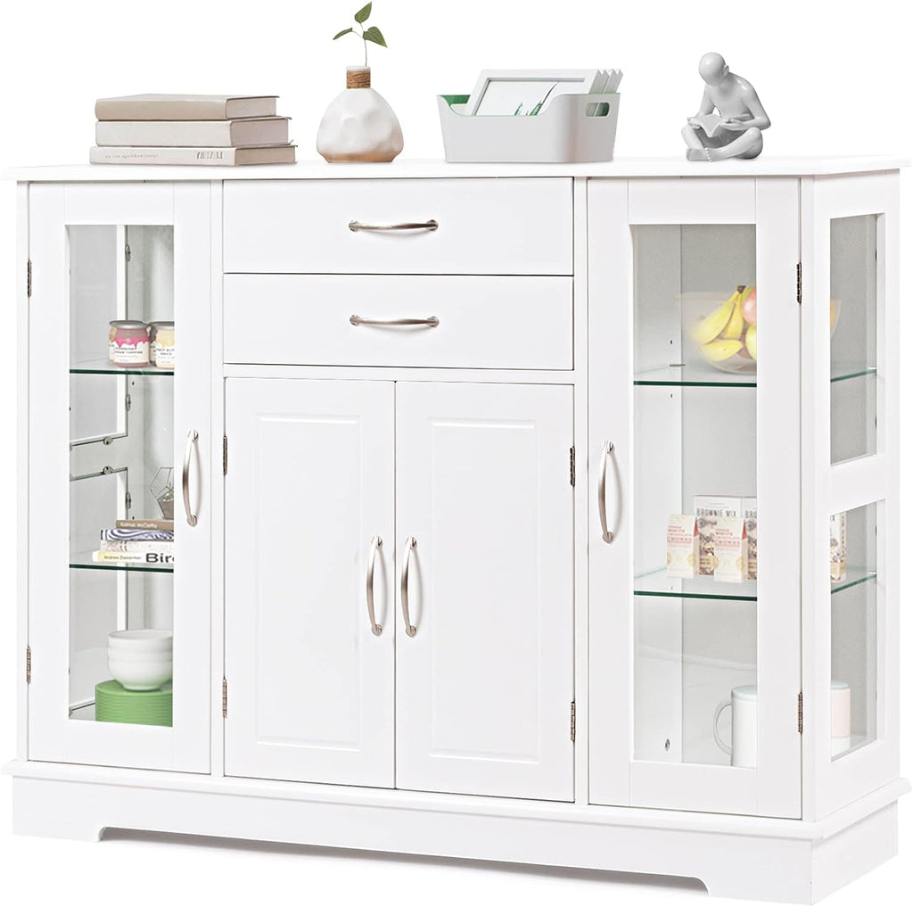 Gray Sideboard Buffet Server Storage Cabinet with 2 Drawers and Glass Doors Y824