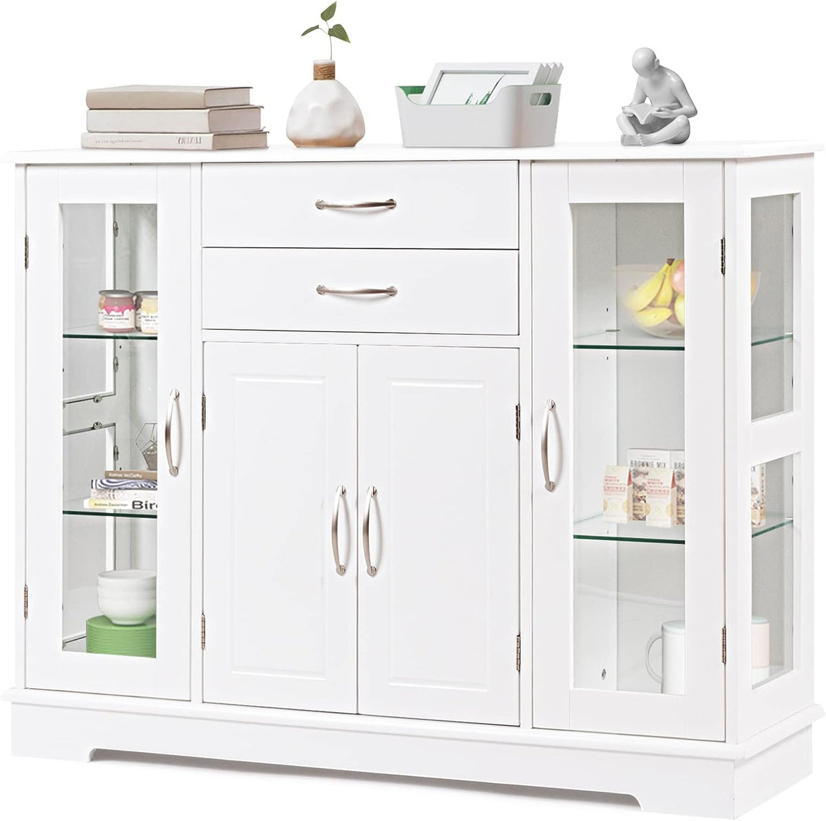 Gray Sideboard Buffet Server Storage Cabinet with 2 Drawers and Glass Doors Y824