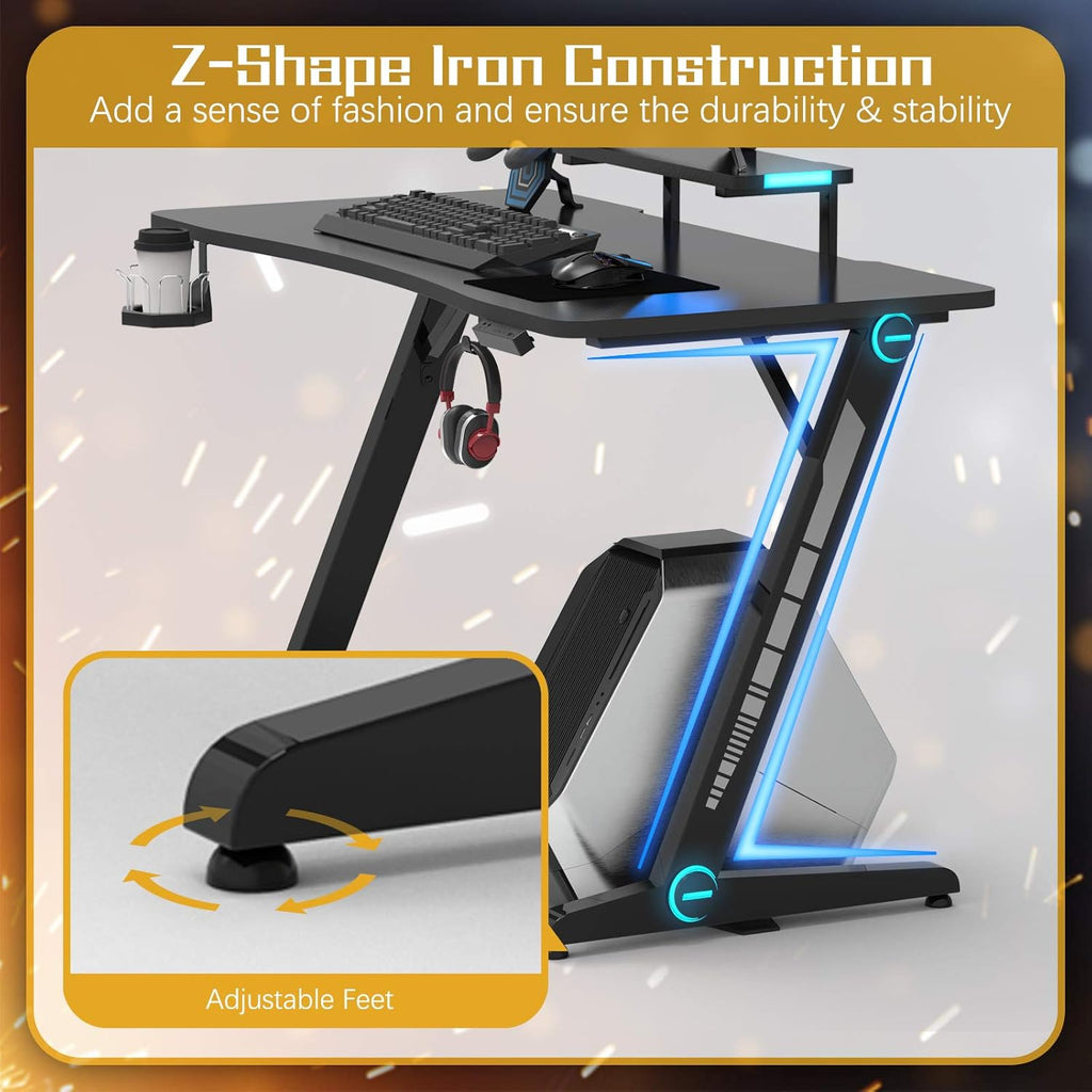 Z-Shaped Gaming Desk with Monitor Stand & Carbon Fiber Surface A989528