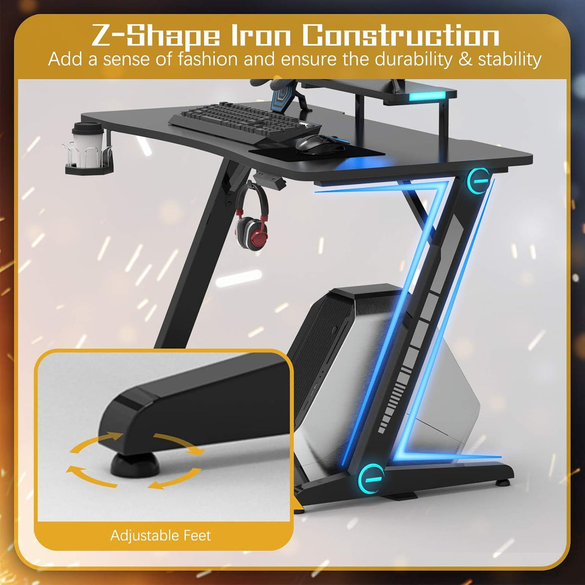 Z-Shaped Gaming Desk with Monitor Stand & Carbon Fiber Surface A989528